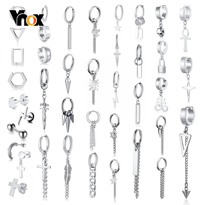 Vnox 1 Piece Punk Geometric Dangle Earrings for Men Women,Stainless Steel Gothic Rock Hinged Hoop Earrings,Ear Clip Jewelry