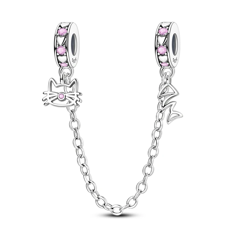 

925 Sterling Silver Charms Bead CZ Zircon Cats Love To Eat Fish Safety Chain Fit Original Bracelet DIY Women Jewelry Gift