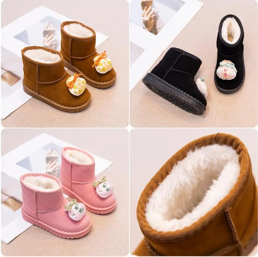 Botas curtas de neve para crianças, antiderrapante, macio, fundo grosso, luxuoso, padrão sólido, quente, crianças, esqui, estilo nacional, bolsa de sorte, inverno