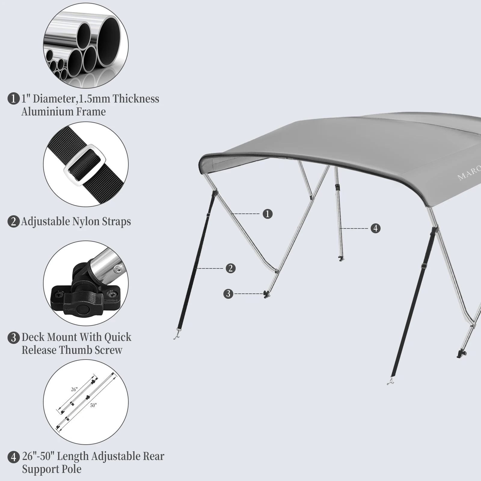 3 Bow Bimini Top Boat Canopy, 600D Marine-Grade Waterproof UV-Resistant Sun Shade, 1
