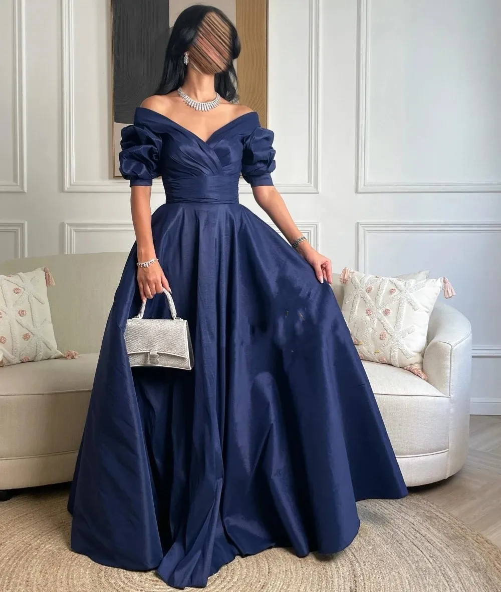 Flora Dress Blue Satin Off spalla maniche corte scollo a v abiti da ballo pieghe a-line elegante festa formale abiti da sera Dubai