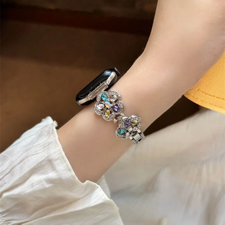 Elegant Flower Diamond Strap for Apple Iwatch Series 11 10 9 8 7 6 5 4 3 SE Ultra Watch Band 38 40 41 42 44 45 46 49 mm Bracelet