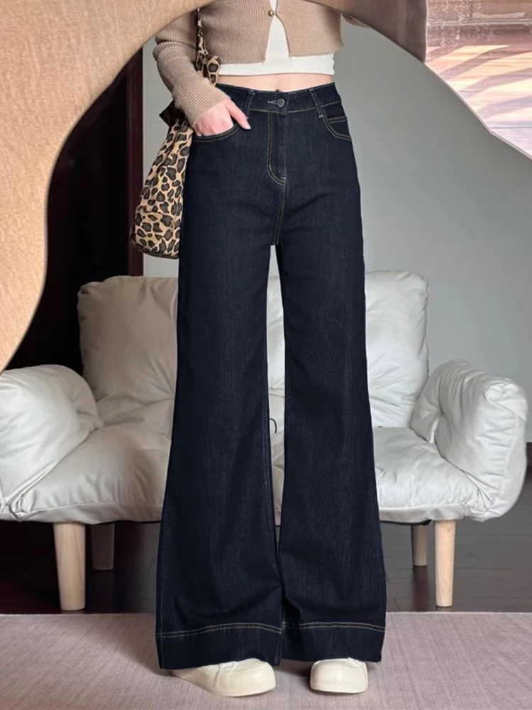 

Deep Blue High Waist Wide Leg Jeans Women's Summer Slimming Loose plus Size Straight Leg Pants Casual Sle Button Zipper