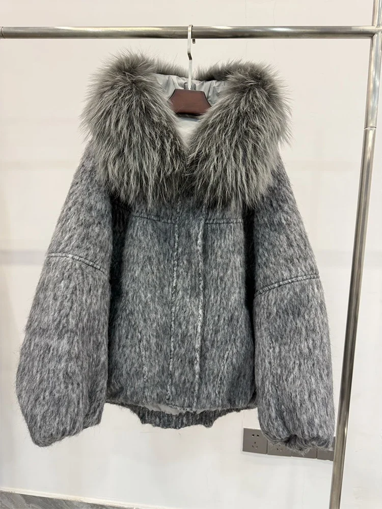 المرأة شتاء دافئ أوزة أسفل سترة الصوف السترات الصوفية ريال فوكس الفراء طوق مقنعين سميكة الإناث أبلى معطف سترة منفوخة