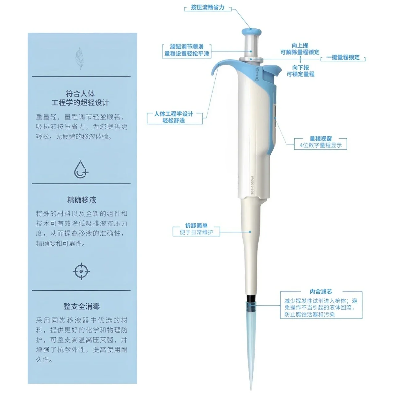 Ultra-light micro-adjustable pipette, high-precision microbiology laboratory sampler, full disinfection