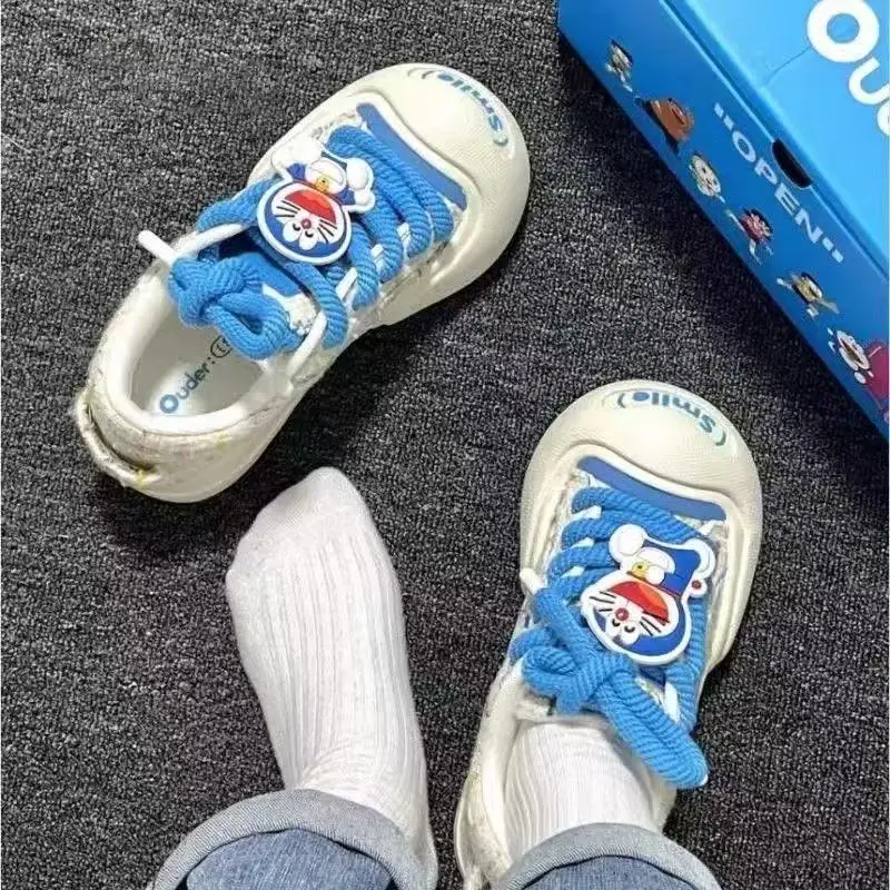 drop shipping real photo Doraemon Cartoon Shoes Graffiti Hand drawn Cute Board Shoes  white and blue women Canvas Shoes for Girl