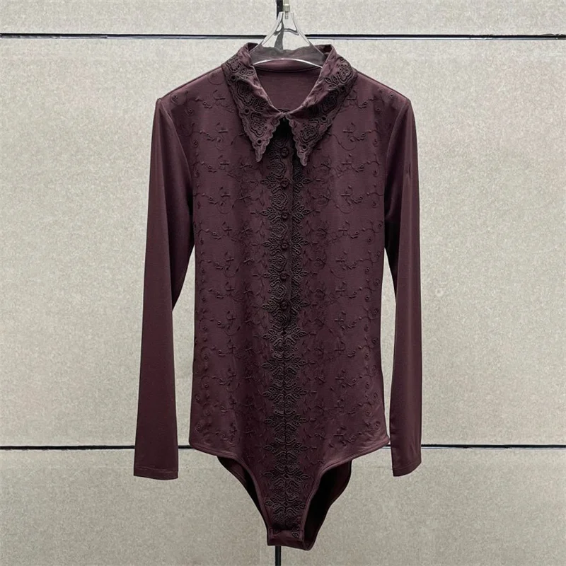 

Bodysuit women New elastic slim fit lapel long sleeved top for autumn 2025 Flower embroidery women's tight corset y2k jumpsuit