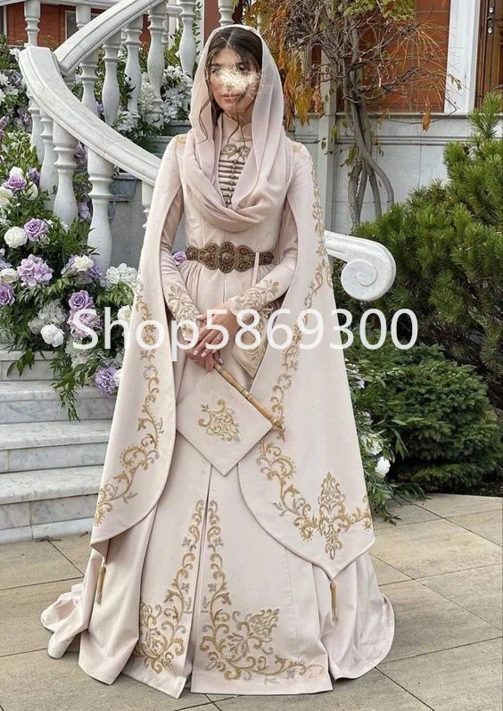 Champagne Ingushetian Caftan Prom Dresses with Long Sleeve Cape Gold Lace Embroidery Caucasus Arabic Evening Gown Outfit