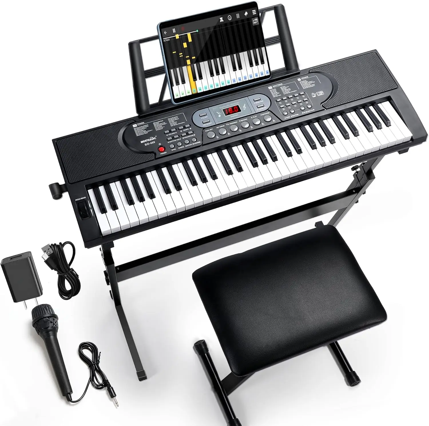 61 Keys Keyboard Piano, Electric Digital Piano Set for Beginners, Learning Piano with Light-Up Keys, Speakers, Microphone