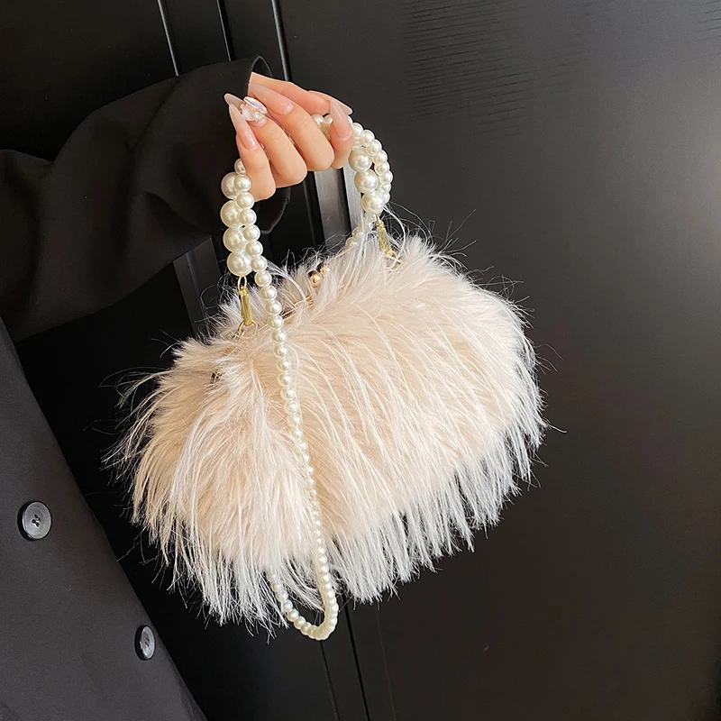 Small Soft Plush Beaded Shoulder Side Bag for Women 2023 Winter Fashion Trend Design Handbags Clutch Bags