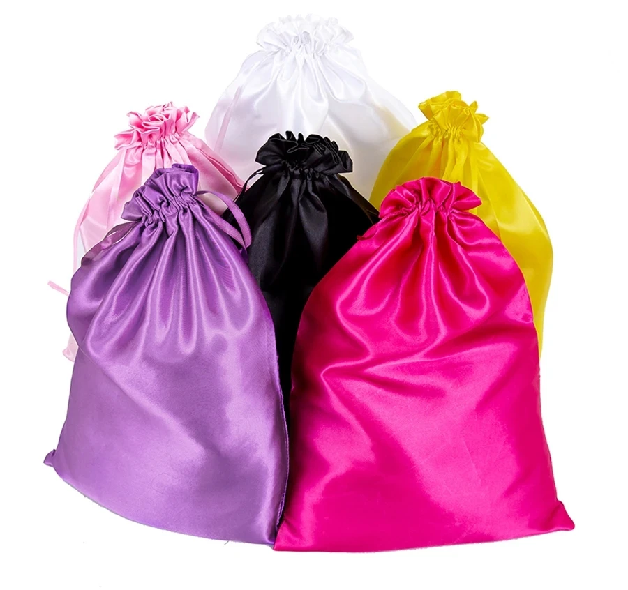 Bolsas sedosas para pelucas, bolsas de embalaje de satén con etiqueta personalizada para embalaje, paquetes de pelucas, extensiones de cabello, bolsas grandes de satén con cordón