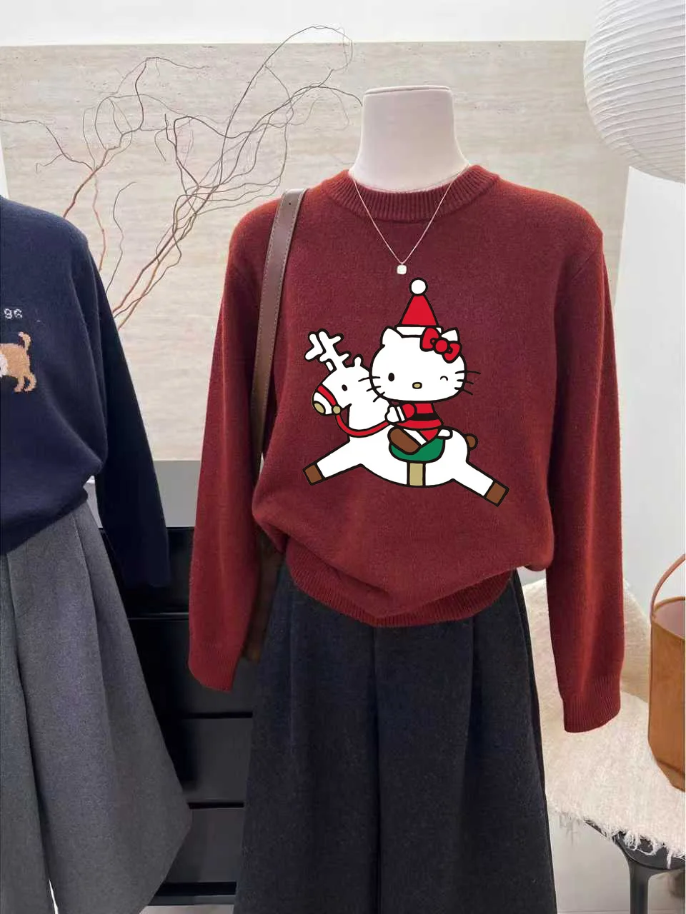 

Festive Wine Red Knitted Sweater KT on round Ne Long Sve Versatile Sweater Women's Warm Top Casual Commute Sle