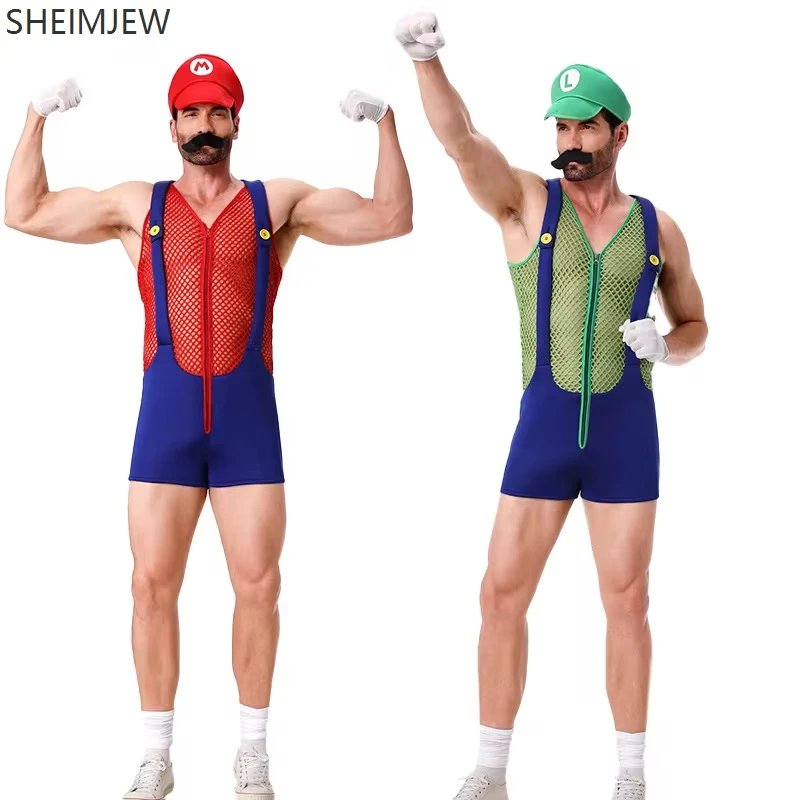 Men Funny Plumber Brother Cosplay Jumpsuits With Hat Halloween Adult Sexy Anime Role Play Disguise Carnival Party Stage Dress Up