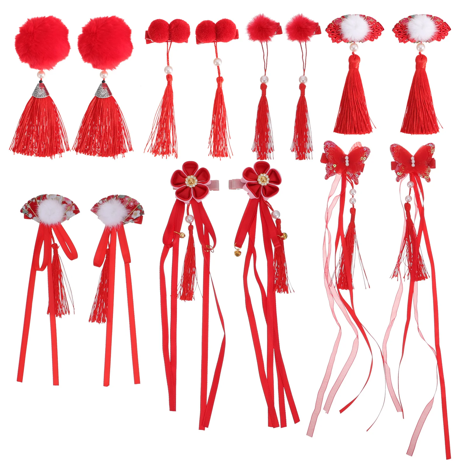 

7 Pairs Kids New Year Hairpin Accessories for Girls Children Headdress Red Fabric Tassel