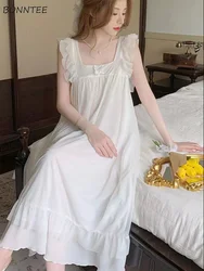 Nightgowns Women White Princess Gentle Sleeveless Summer Ruffles Aesthetic Designed Elegant Sleepwear Smooth Ladies Chic Soft