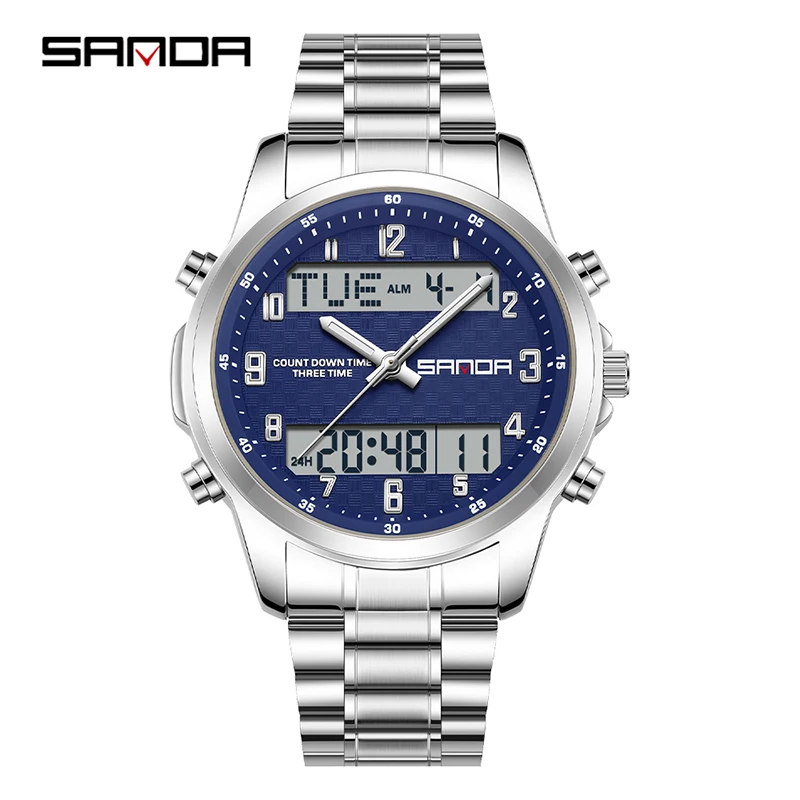 

SANDA 9119 мужские электронные часы с ремешком из нержавеющей стали, водостойкий календарь, светящиеся многофункциональные цифровые часы для мужчин