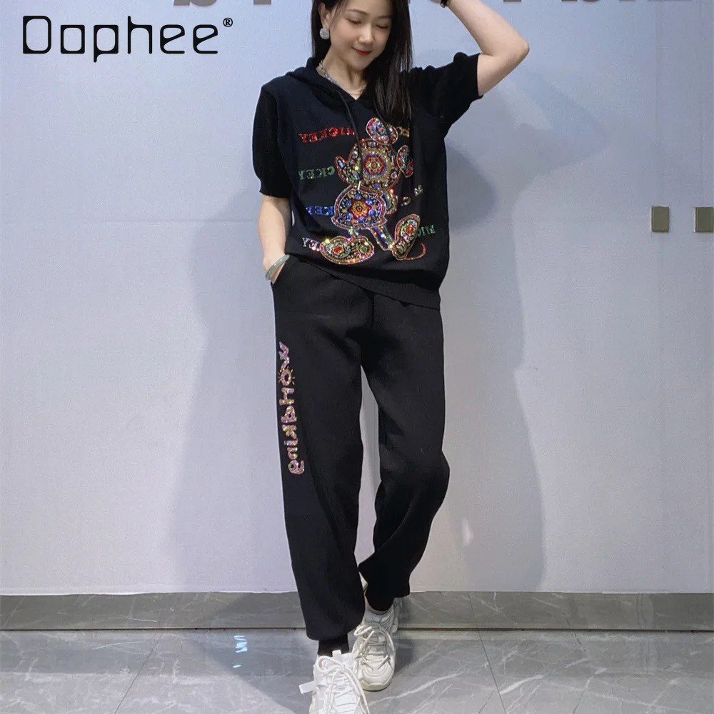 

Fashion Hot Diamond Knitted Hooded Short Sleeve Top Spring Summer Black Pullover Top and Trousers Two-piece Women's Clothing