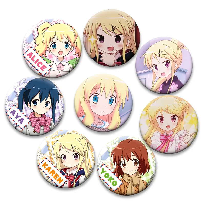 Anime Kin‑iro Mosaic Badge Shinobu Omiya,Alice Cartelet,Aya Komichi Lapel Pins for Backpack Clothes Decor Round Cartoon Brooches