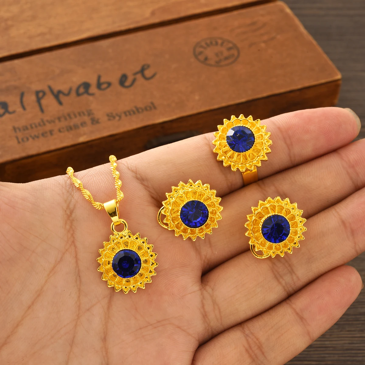 Special Offer Gold Color Ethiopian Jewelry Sets Blue Zircon Necklace Earrings Ring Dubai Wedding Bride Sets African Gifts #TZ017