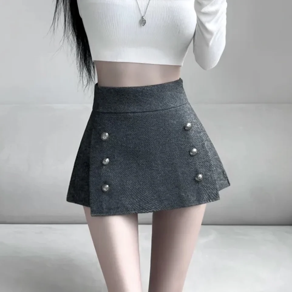 

Chic Korean Sle A-Line Skirt Women's Winter New Vintage American Woolen Slim Fit f-length Skirt with Button Detail
