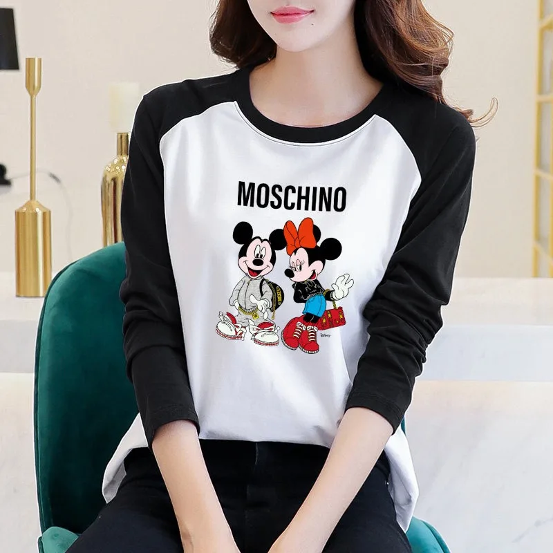 

New Women's Mickey Cartoon Print Cotton Long Sleeve T-shirt Korean Loose Fit Versatile Spring Autumn Layering Top