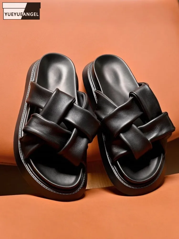 

Summer Mens Genuine Leather Slippers Black Weave Sheepskin Hollow Out Open Toe Outside Fashion Slides Male Platform Beach Shoes