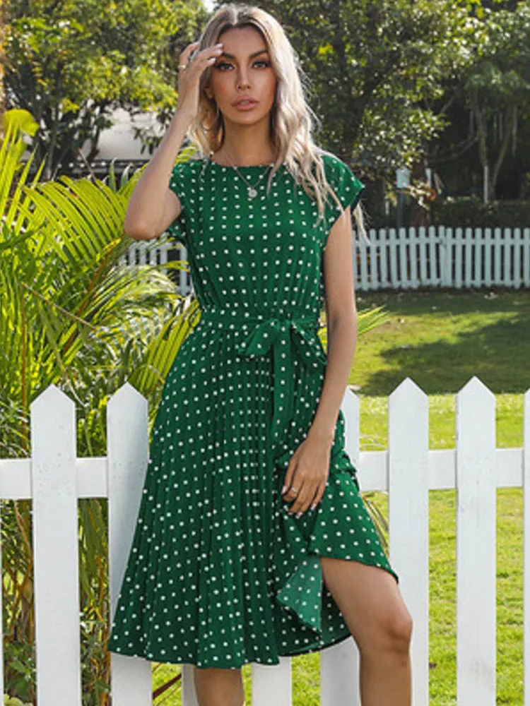 2024 New Summer Polka Dots Sleeveless Pleated Dresses For Women High Waist Midi Elegant Office Green Lady Dinner Party Clothes