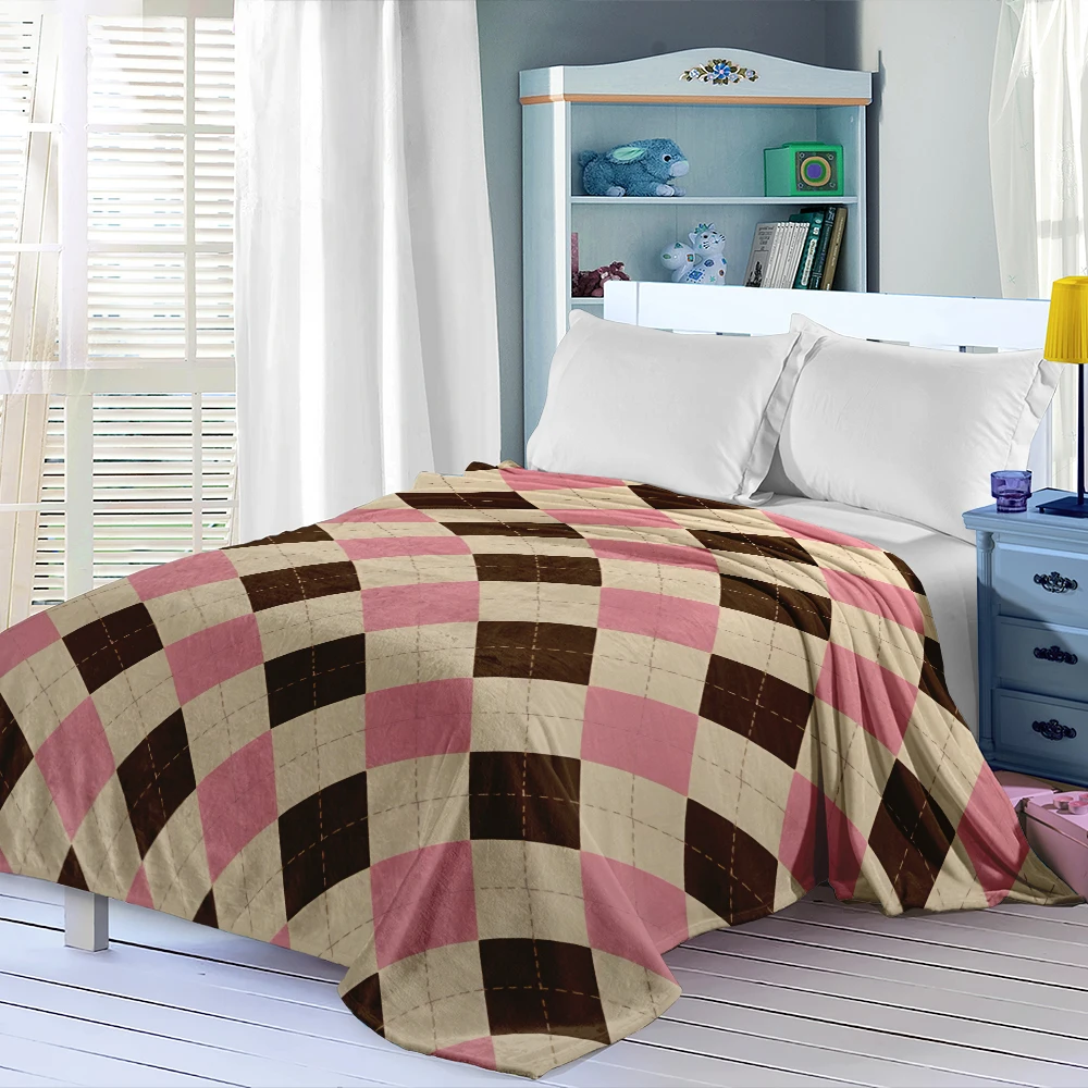 Pink Brown Argyle Plaid Flannel Blanket Perfect For Sofa Office Bed Travel Sleep Read Relax Camping Four Season Use
