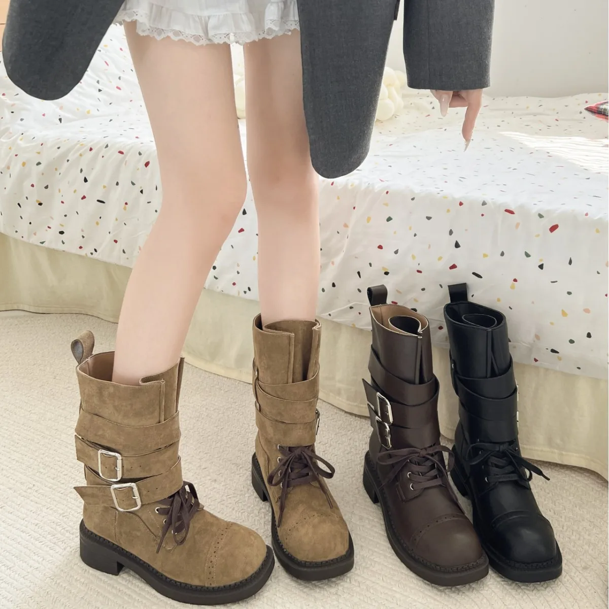 

Women's Boots British Style Locomotive Boots Women Thin Short Boot Fashion Retro Thick Heel Thick-soled Ankle Boots Botas Mujer