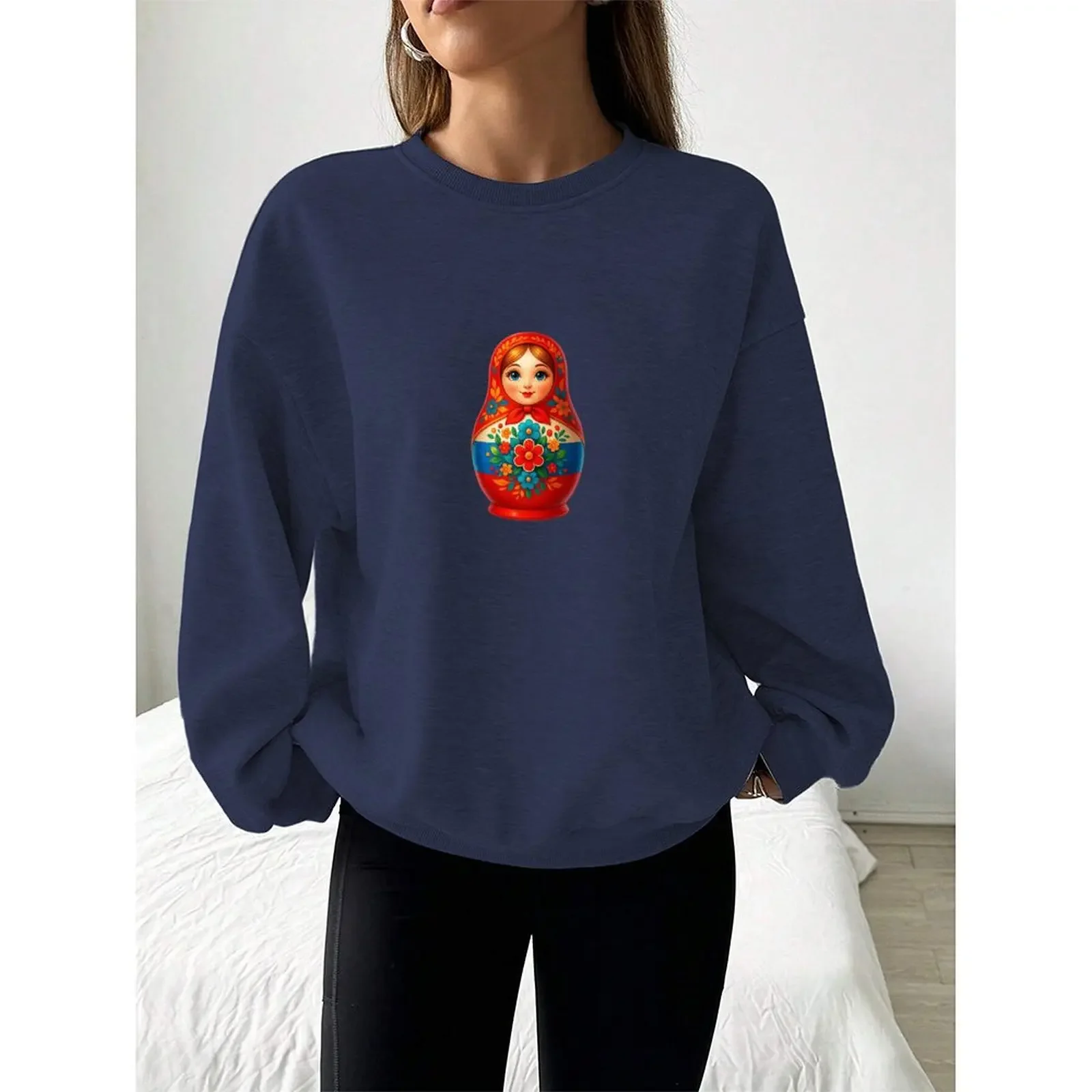 Moletom feminino com gola redonda veludo inverno casual ‌ Matryoshka ‌   Boneca estampada padrão pulôveres roupas femininas camisetas casuais tops