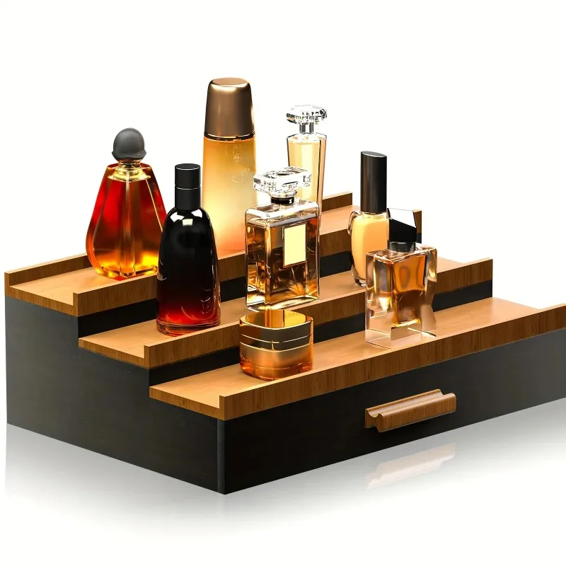

3-Tier Black Walnut Cologne Organizer with Drawer Elegant Men's Perfume Display Stand Artisanal Storage Showcase