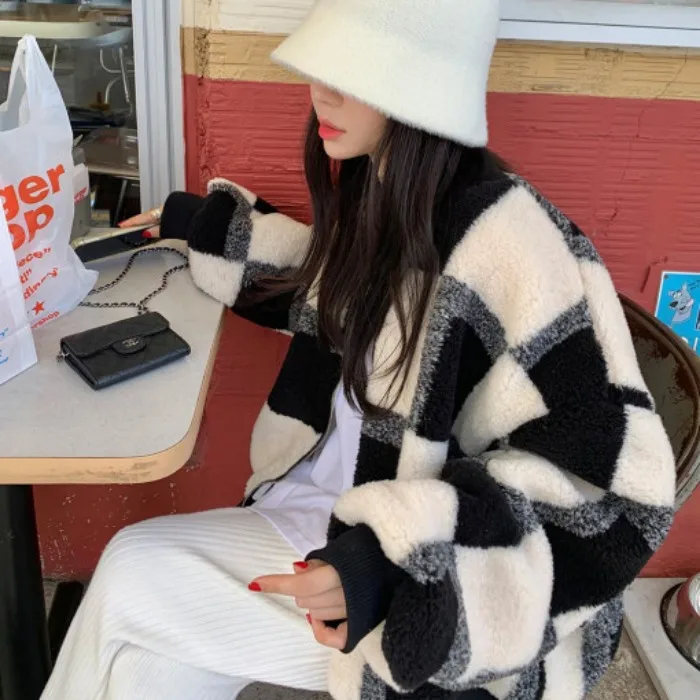 

Women's Woolen Coat Korean Sle Loose Fit Plaid Faionable Autumn Winter Casual High Collar Long Sve Outerwear