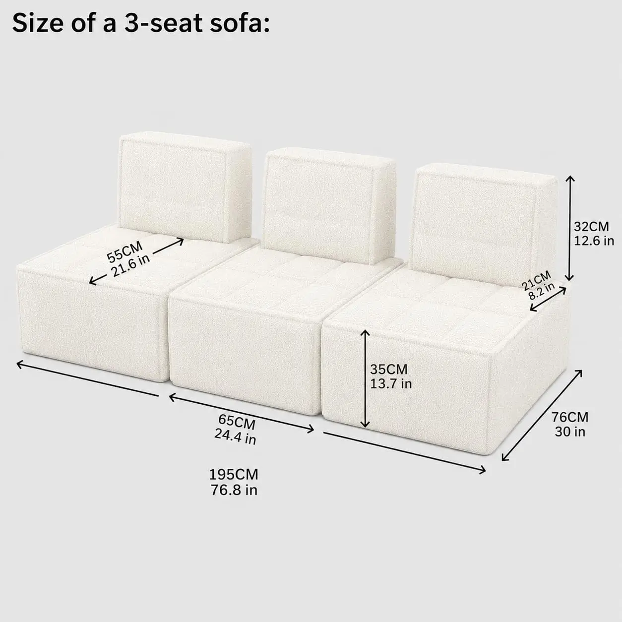 Modular 3-Seater Sectional Sofa Deep Seat Corduroy Lounge Small Couch for Living Room & Bedroom Apartment White, Customized