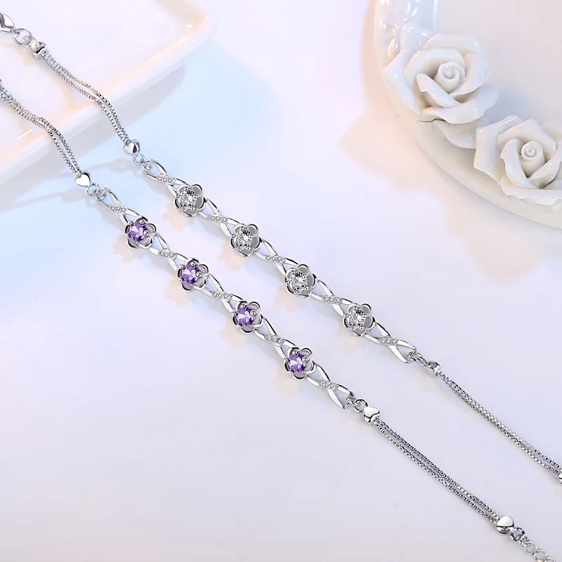 Authentic S925 Sterling Silver Crystal Vintage Plum Blossom Flower Bracelet Bangle For Women Girl Lady Wedding Birthday Gift - view 5