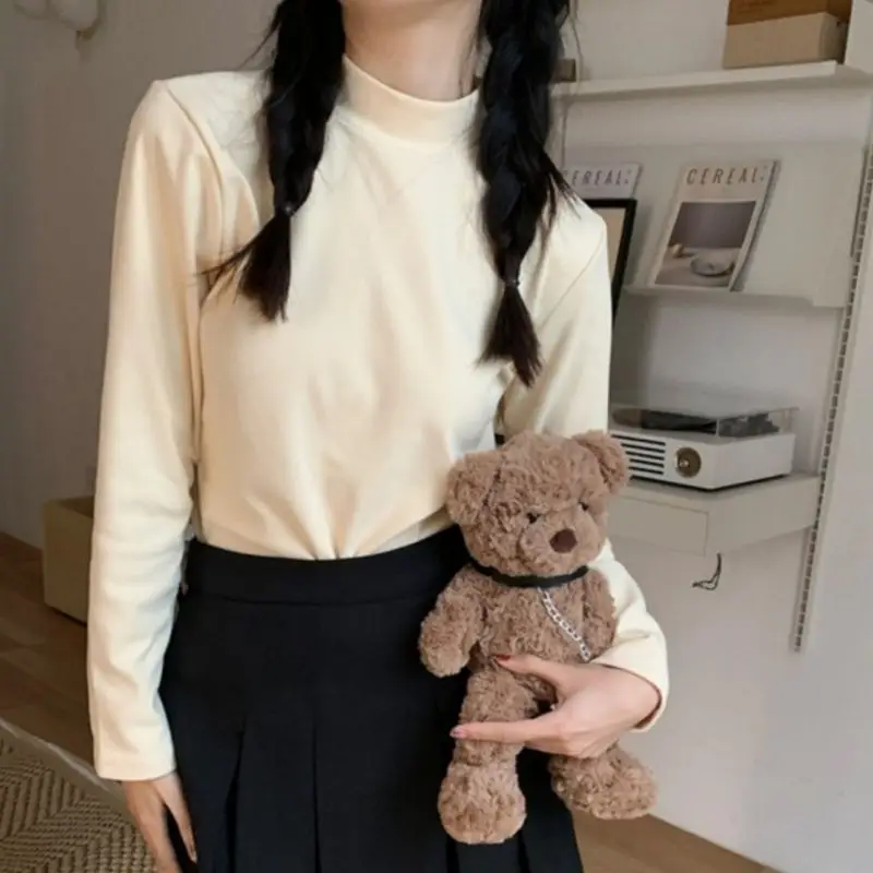 Double-Sided German Velvet Long Sleeve Women's Base Shirt Fashionable Inner Wear Half High Collar T-Shirt Warm Top