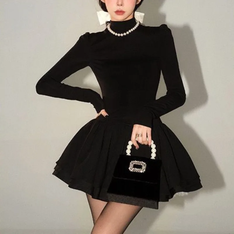 Long Sleeve Dresses Women Autumn Winter Ball Gown Knitting All-match Slim-fit Solid Turtleneck High Waist Elegant Casual Soft