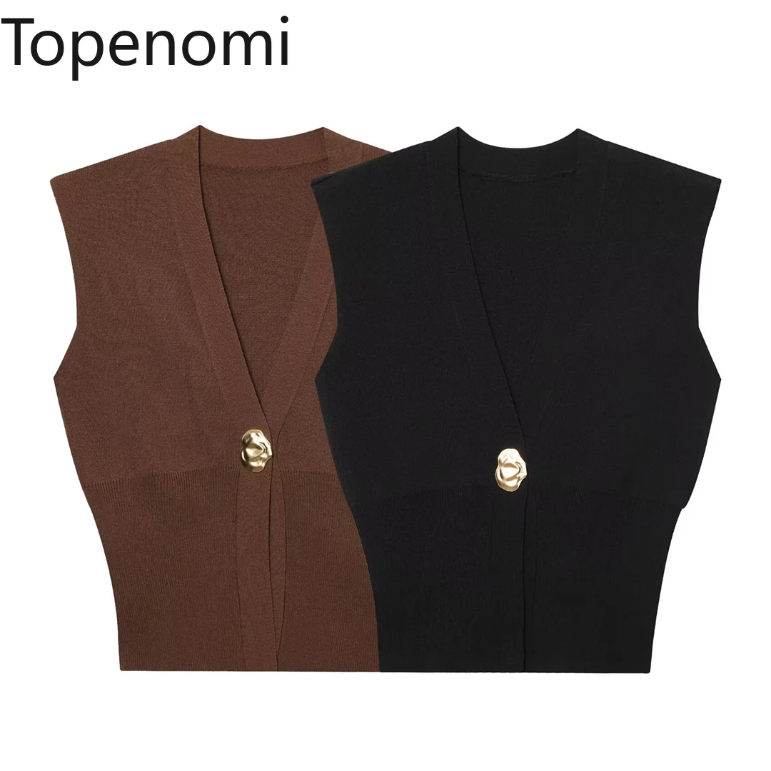 

Topenomi Single Button V Neck Knitted Vest Women Vintage Simple Solid Sleeveless Slim Fit Cardigan Fashion Versatile Sweater Top