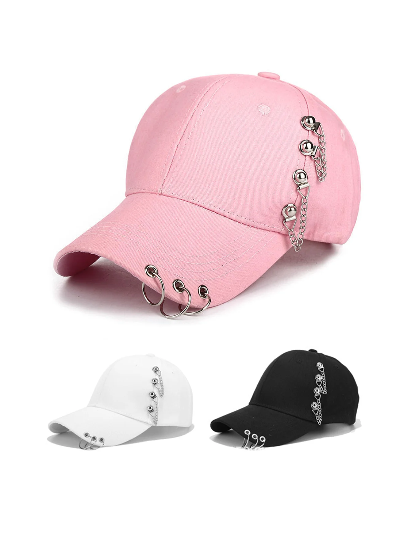 1pc Fashion Personality Baseball Cap Iron Ring Chain Cap Street Metal Decoration Duck Tongue Cap Leisure Adjustable Popular Cap