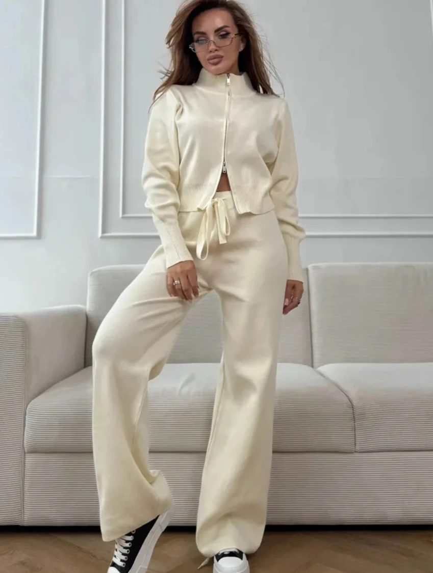 

Новый осенне-зимний свитер для поездок на работу, комплект вязаных брюк на молнии, женские модные облегающие брюки-кардиган