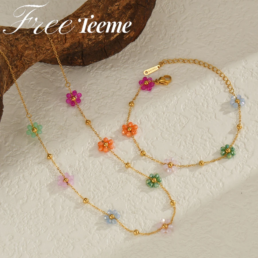 

Freeteeme Colorful Artificial Crystal Flower Necklace Bracelet for Women Girl Stainless Steel Jewelry Set Gold Plated Chain Gift