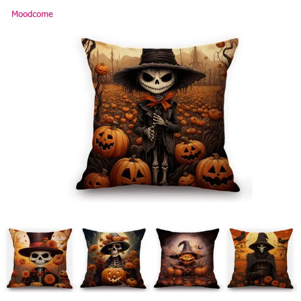 Halloween Skull Scarecrow Witch Creepy Pumpkin Face Autumn Carnival Decoration Sofa Throw Pillow Case Cotton Linen Cushion Cover