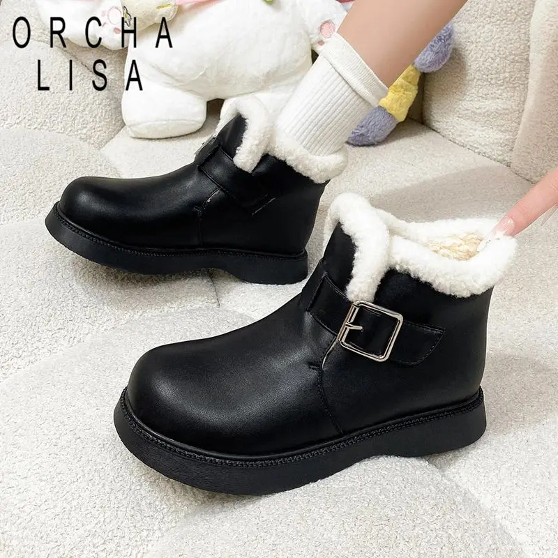

ORCHA LISA Горячие теплые плюшевые ботильоны для девочек с круглым носком без шнуровки на плоской подошве с пряжкой на ремне, маленький размер 31 32, уличные зимние зимние ботинки