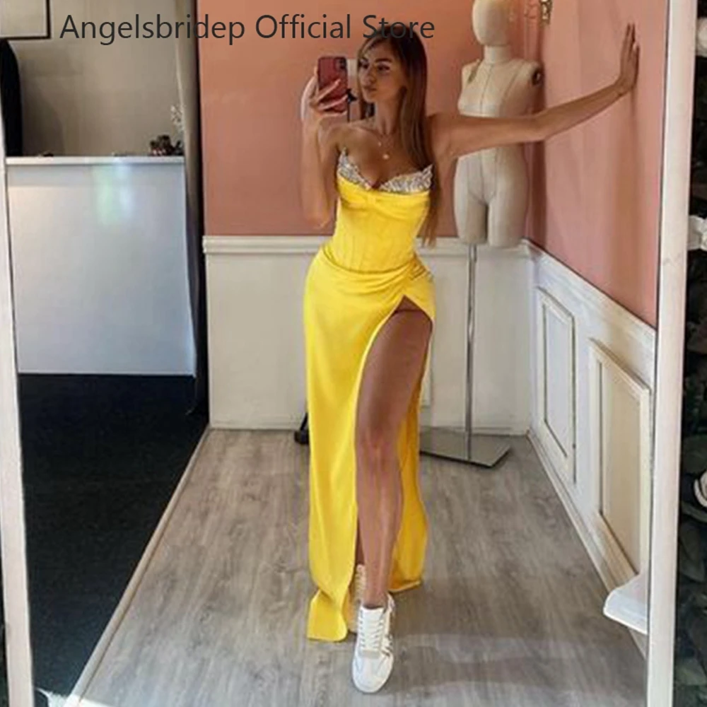 

Angelsbridep Yellow Mermaid Prom Dresses V-neck Slit Beadings Evening Party Dresses Vestidos De Fiesta Elegantes Para Mujer 2023