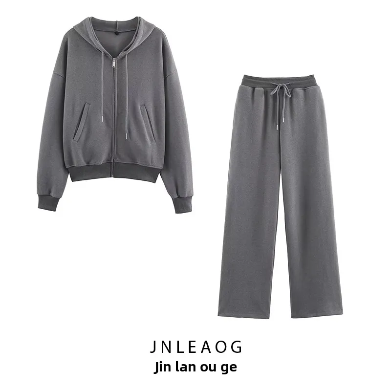 

JNLEAOG Soft Hat Sweatshirt And Straight Leg Pants Women's Fashion Set Autumn New Style Warm High Waist Long Pants Zipper Clo...