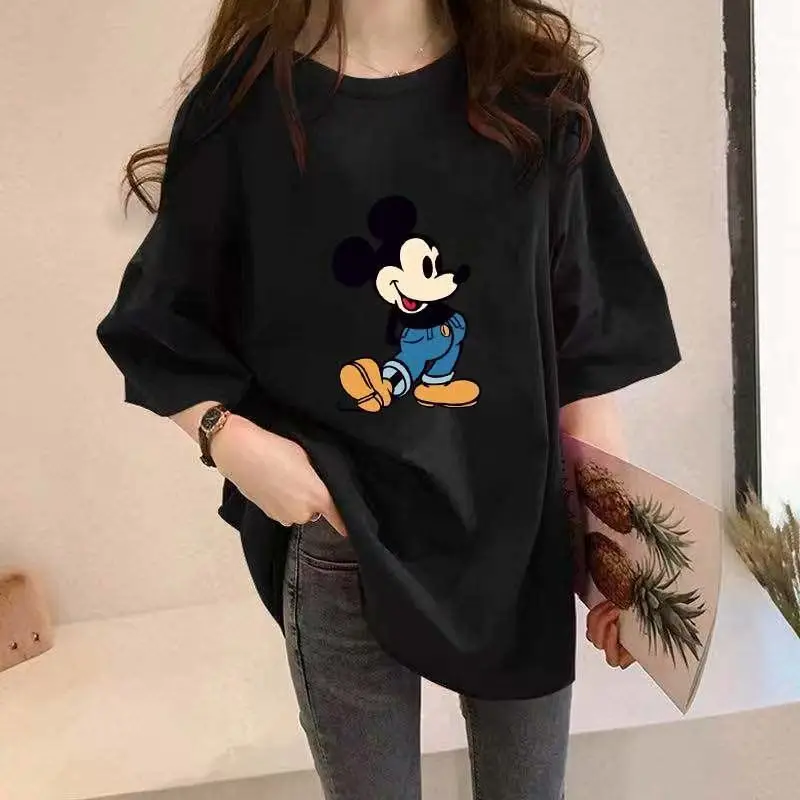 Woman clothing Cartoon print Summer Korean Style Short Sleeve Pure cotton Loose trend  Mid-Length T-shirt Women's Printed Top