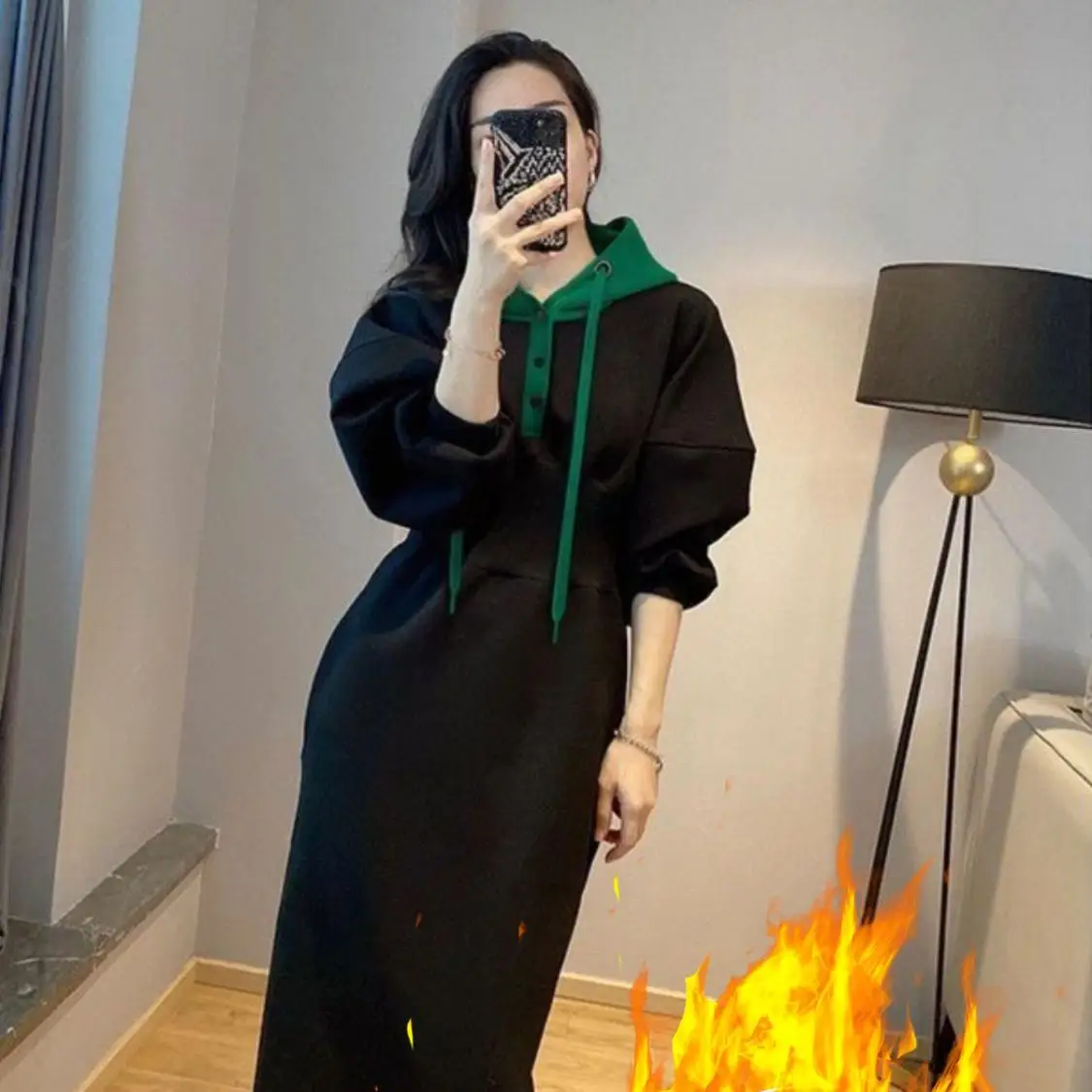 

Платье-юбка с капюшоном, утепленное флисом, в корейском стиле, зимняя мода, комплект одежды для женщин больших размеров, повседневный наряд.