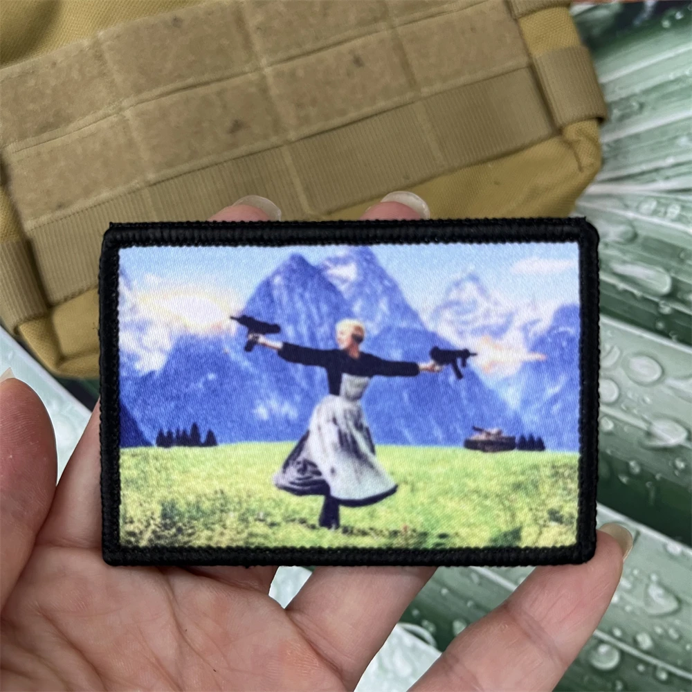 Sound OF Music. Julie Andrews Firing Uzis (she Seems So Happy). Morale Emblem Patches Tactical Backpack Hook&Loop Sticker