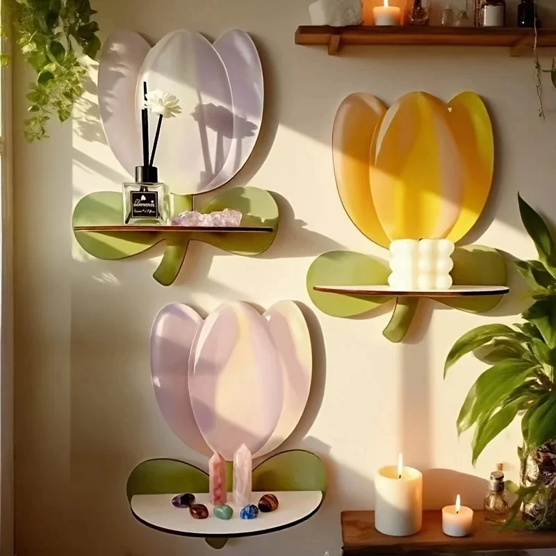 3-Pack Bohemian Tulip 2D Flat Wall Shelves, Multi-Purpose Decor for Home, Cafe & Office, Great Halloween Gift Choice