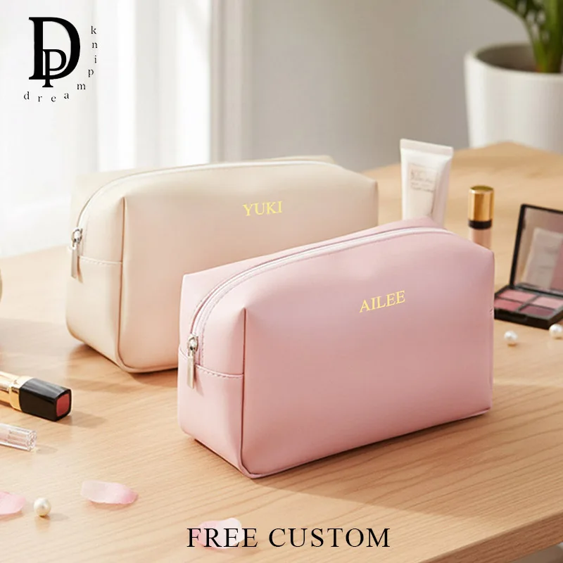 Custom Company Logo Wholesale Cosmetic Bag Zip Travel Square Make Up Bag PU Leather Simple Fashion Waterproof Storage Bag Gift