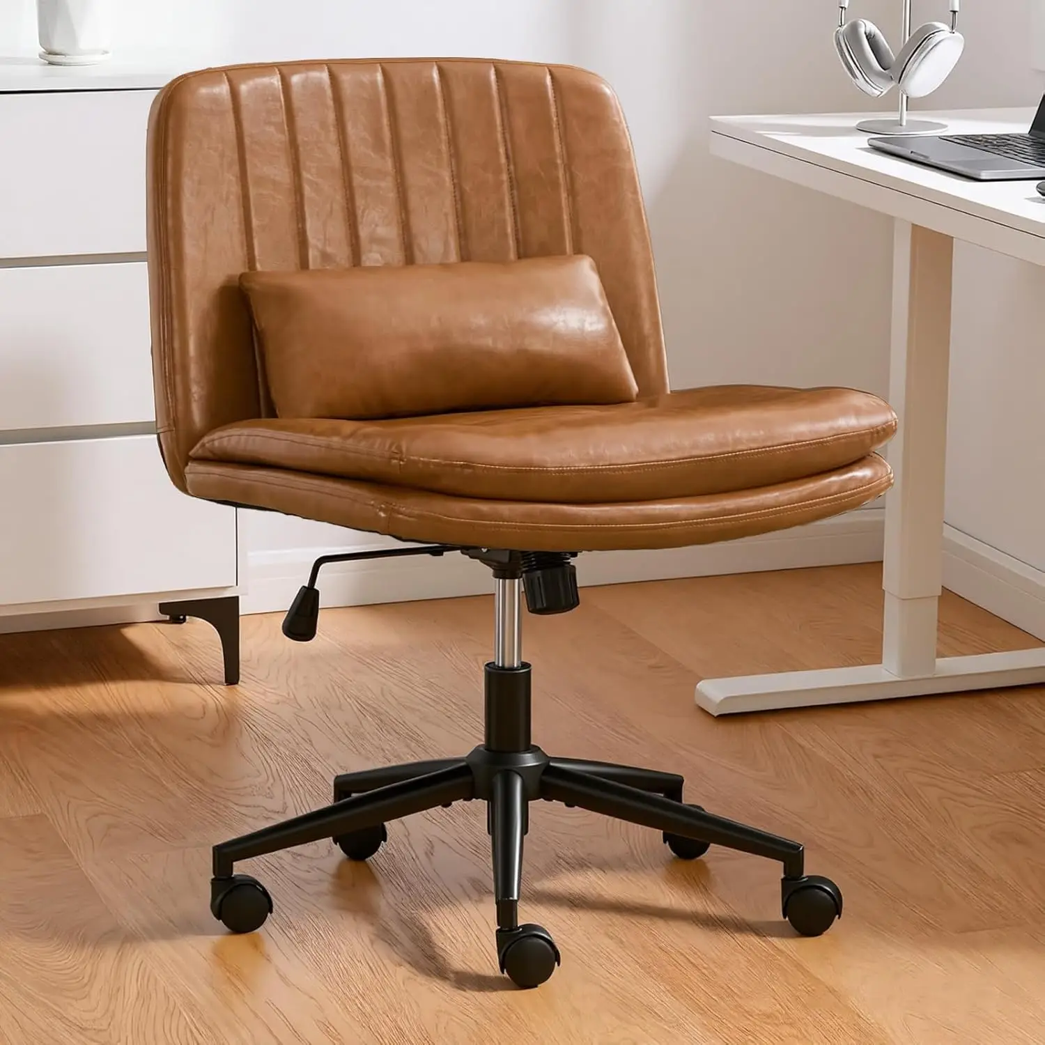 

Коричневый офисный стул без подлокотников с колесами, компьютерный стол из искусственной кожи с широким сиденьем и высокой спинкой, регулируемый, по индивидуальному заказу